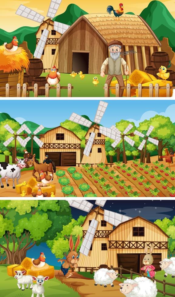 Different farm scenes with old farmer and animal cartoon character vector
