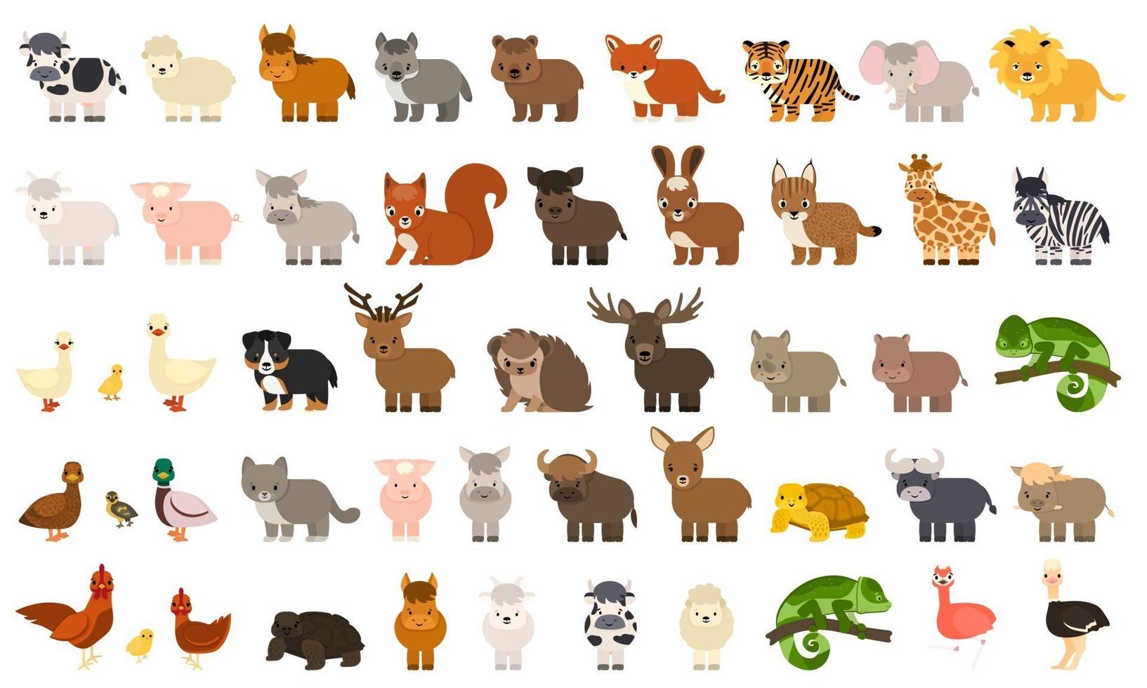 gran paquete de 50 divertidas aves de animales salvajes del bosque de granja doméstica en estilo plano vector