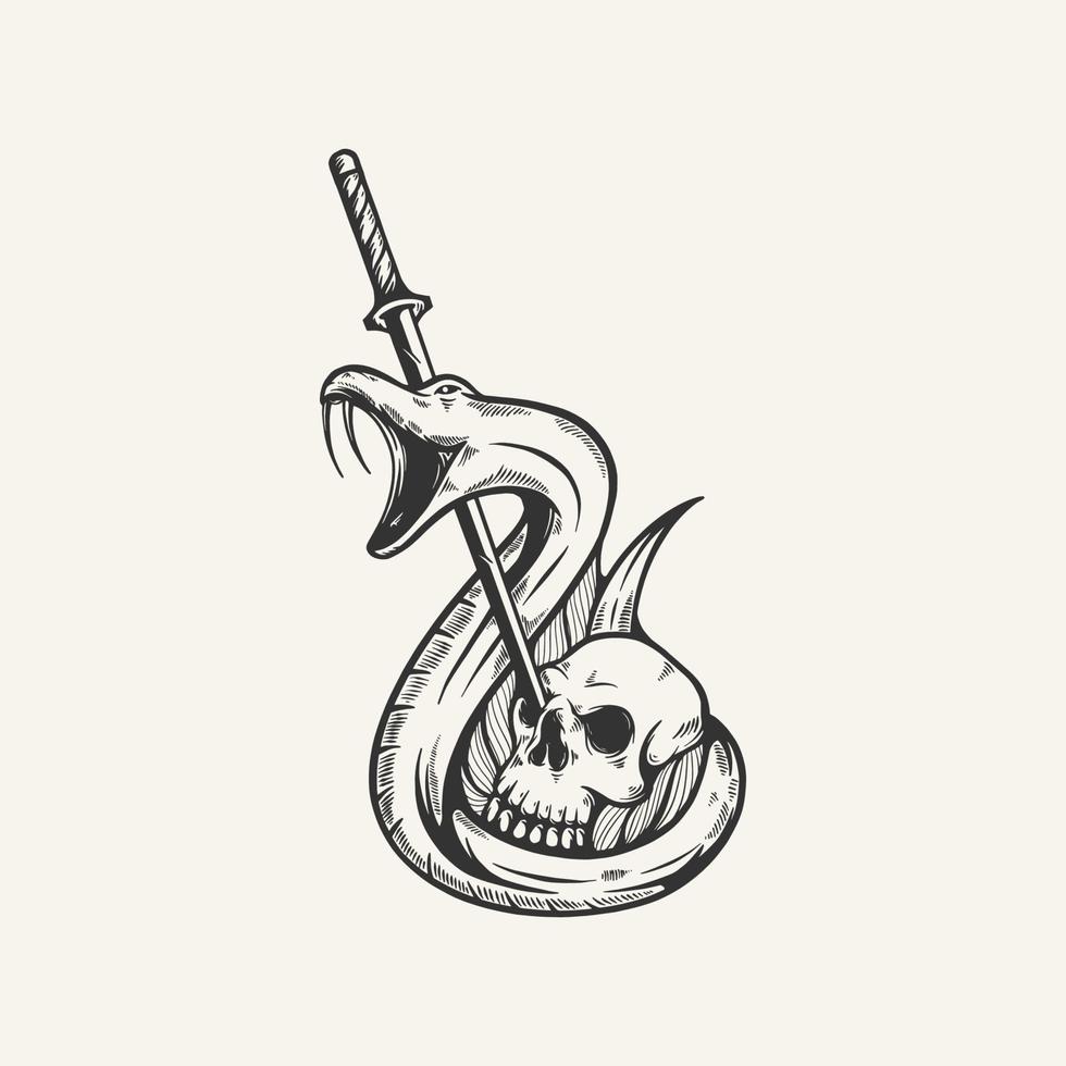 skull sword snake vintage illustration hand drawn vector