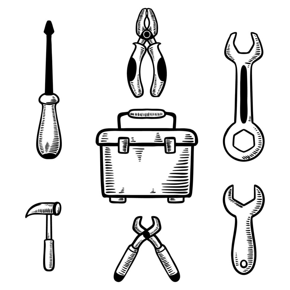 conjunto de herramientas de trabajo caja ilustración vectorial dibujado a mano vector