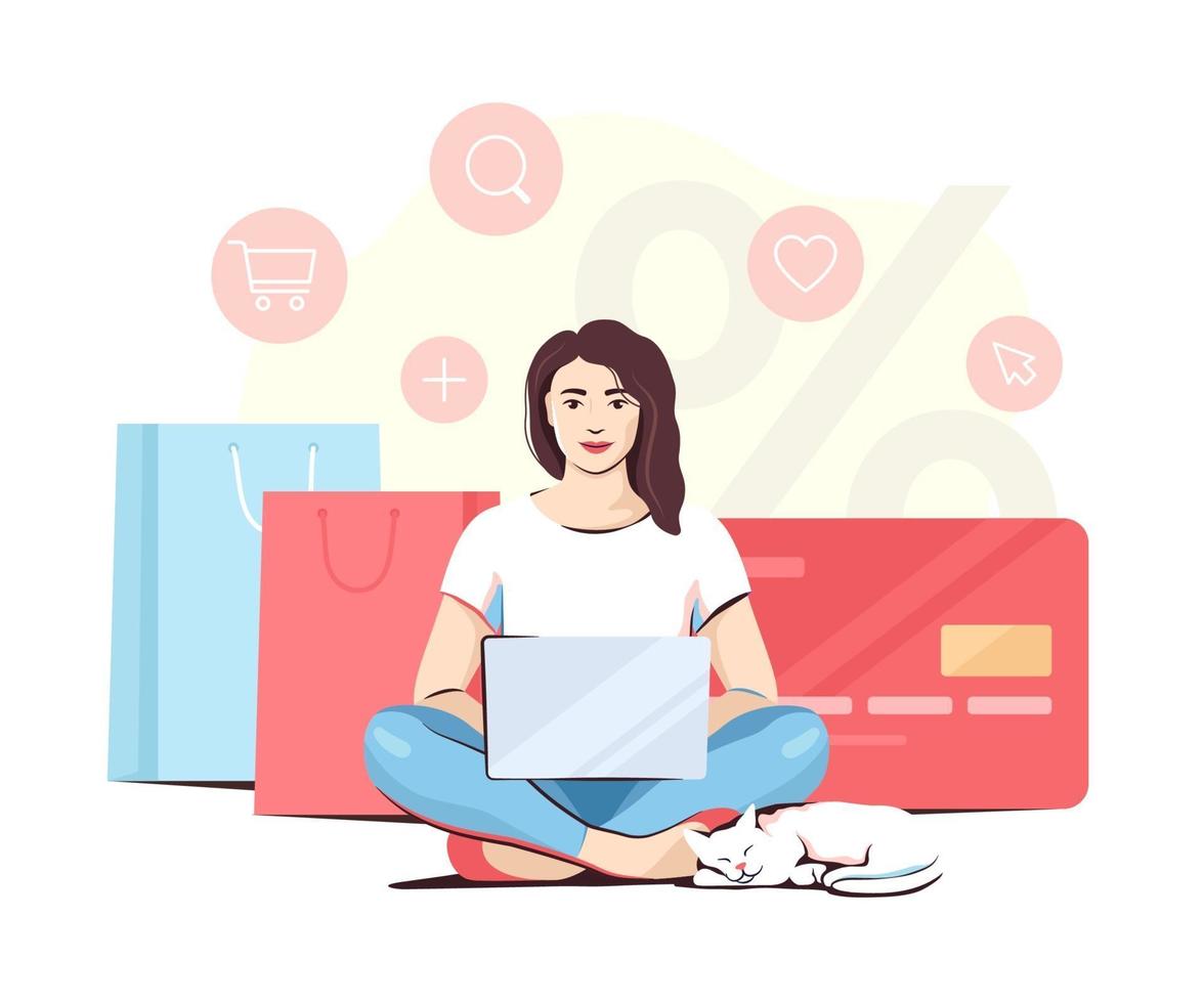 Woman doing online shopping sitting cross-legged, vector illustration