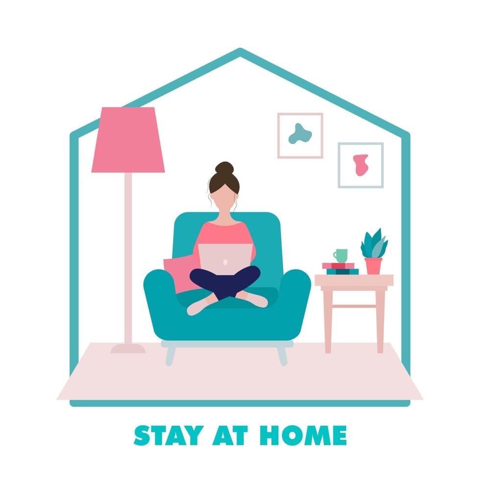 Stay Home Concept, Girl Sitting on an Armchair and Working Illustration vector