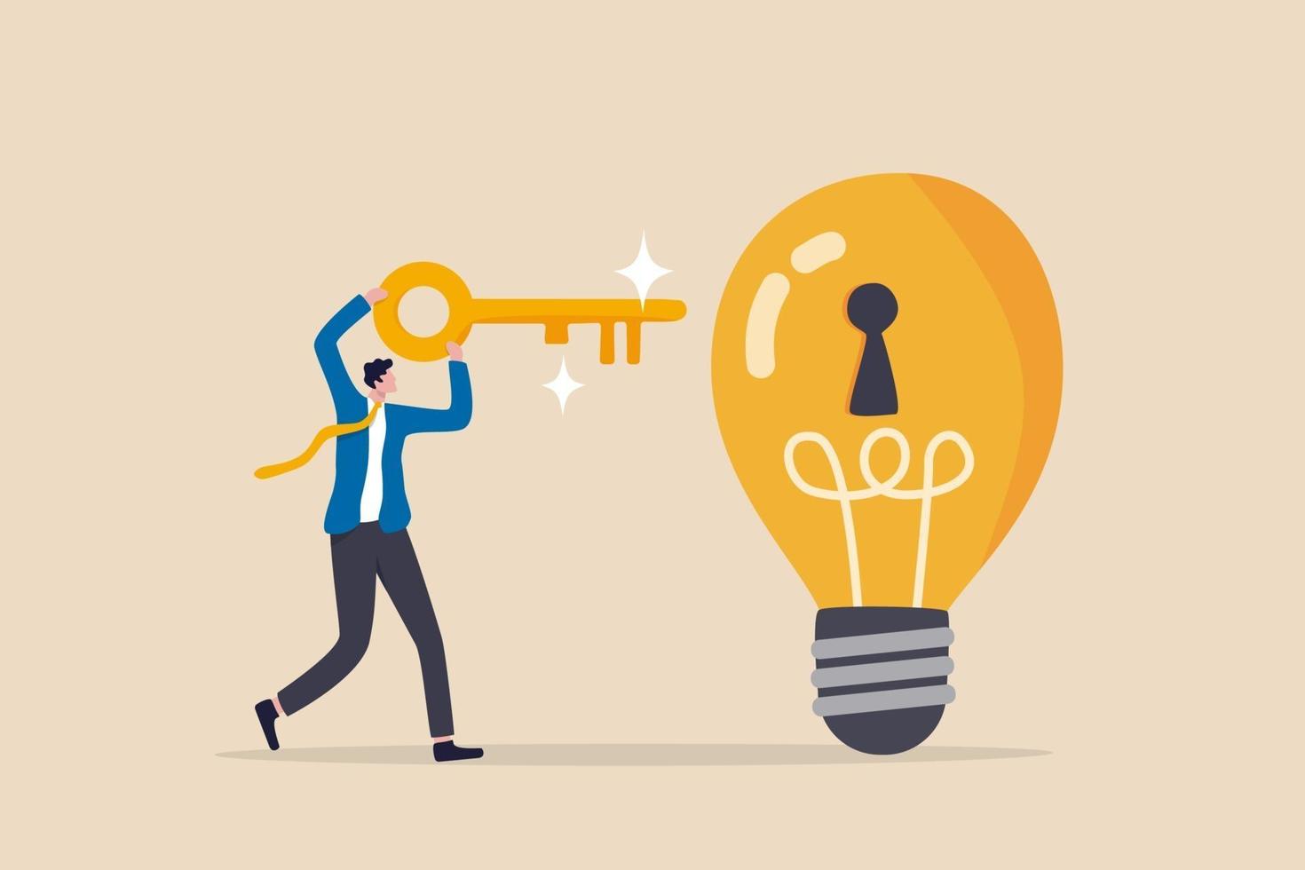 Unlock new business idea, invent new product or creativity concept, smart businessman holding golden key about to insert into key hold on lightbulb idea lamp. vector