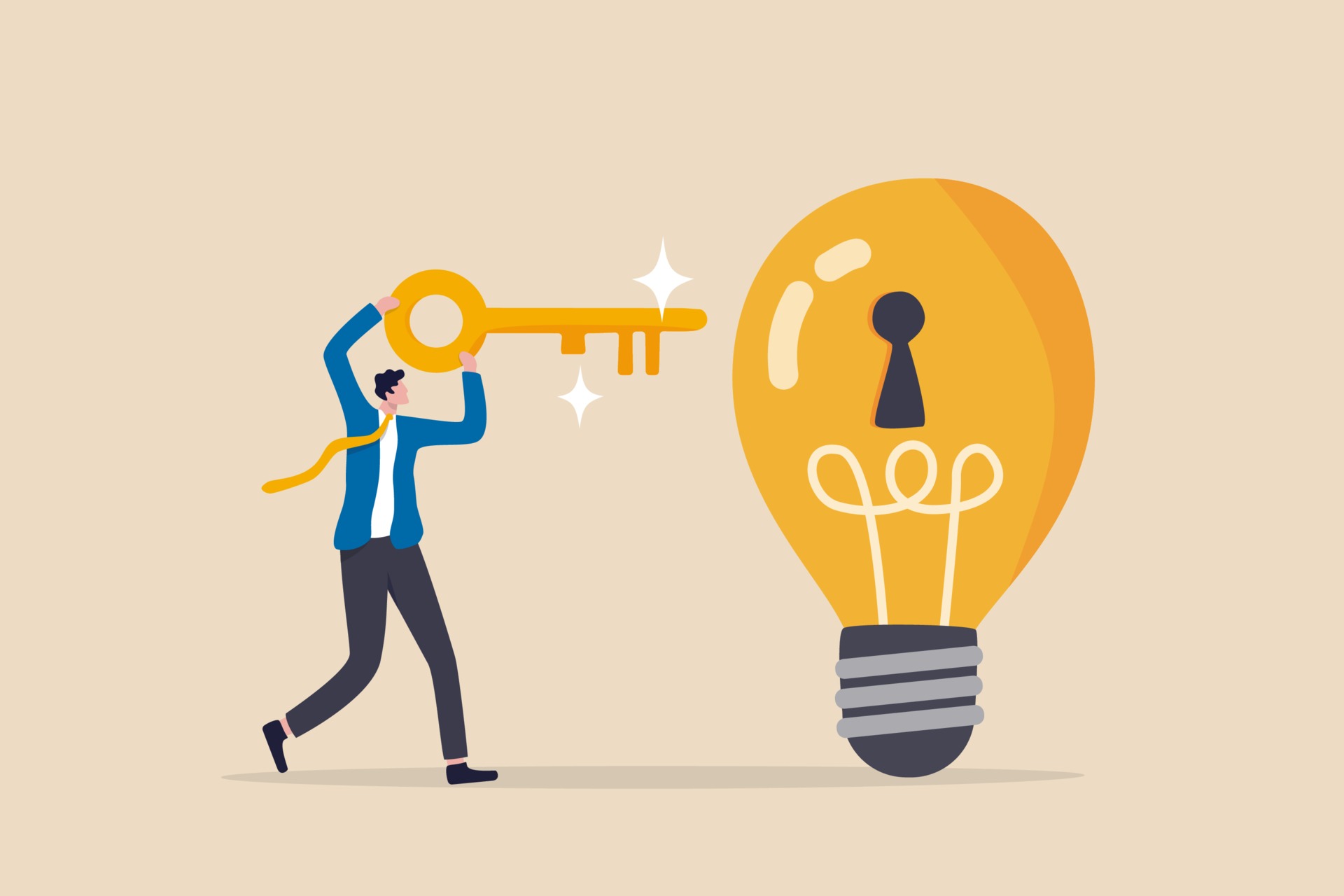 Unlock New Business Idea Invent New Product Or Creativity Concept Smart Businessman Holding Golden Key About To Insert Into Key Hold On Lightbulb Idea Lamp 2379712 Vector Art At Vecteezy