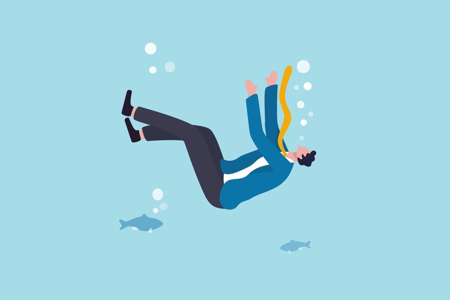 Business failure, financial debt problem and bankruptcy, career struggle or unemployment concept, helpless businessman drowning or sinking into the bottom of ocean. vector