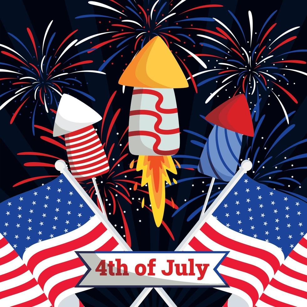 Fuegos artificiales con la bandera americana para el 4 de julio, día de la independencia de EE. UU. vector