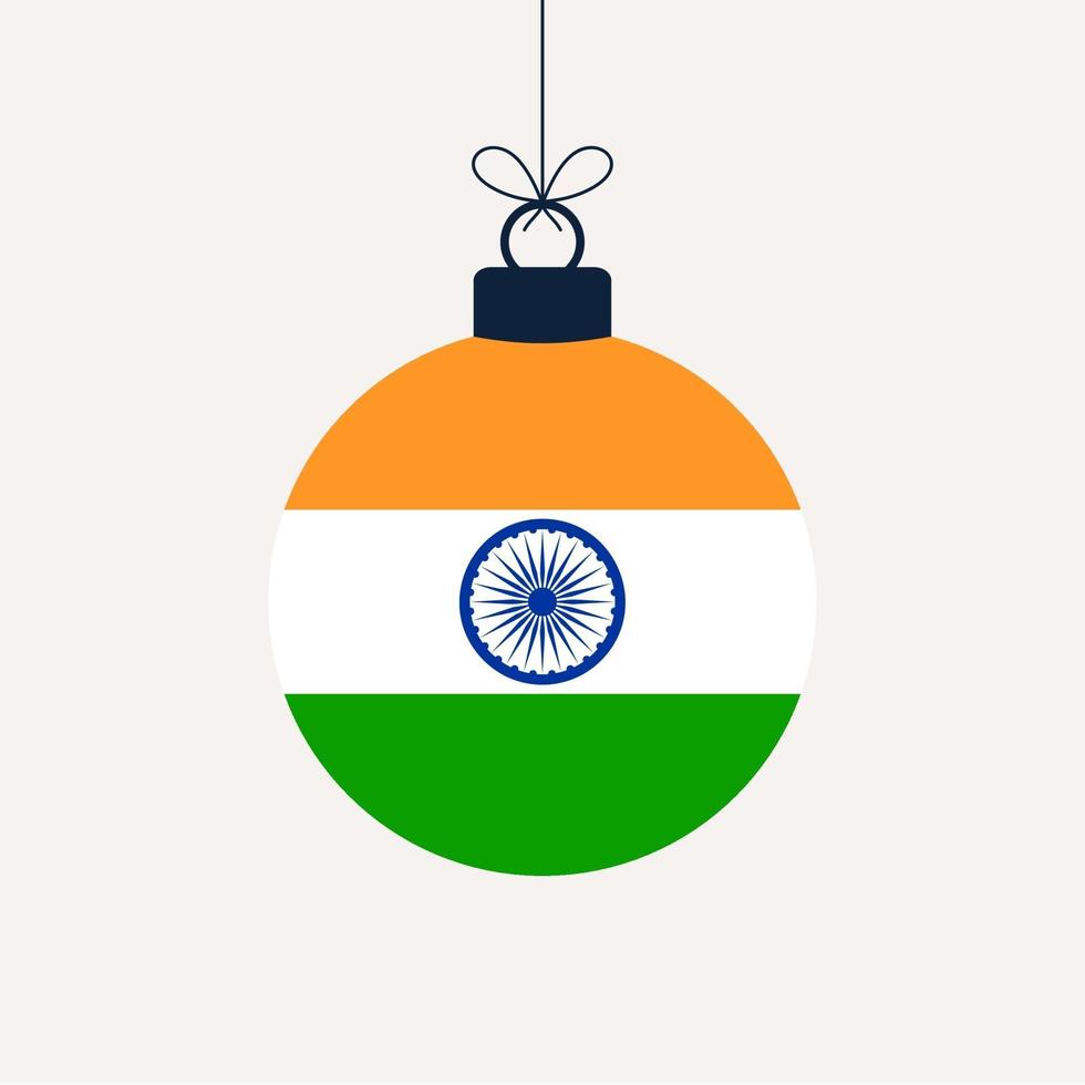 bola de navidad con la bandera de la india. Ilustración de vector de tarjeta de felicitación. Feliz Navidad bola con bandera aislado sobre fondo blanco.