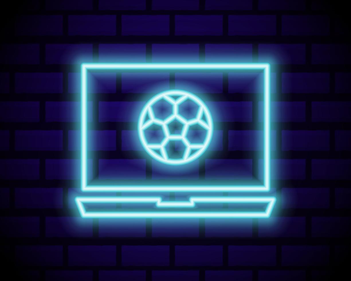 Live Soccer Neon Sign Vector. Live Football Logo neon, design template emblem, online soccer symbol, light banner, bright night football advertising, european football sign. Vector illustration isolated on brick wall.