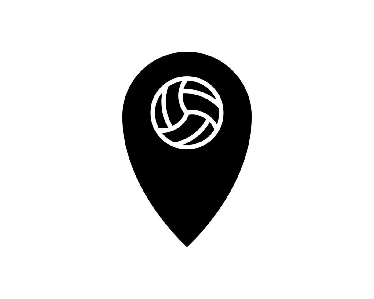 Black map pointer with volleyball ball on the white background. Vector design