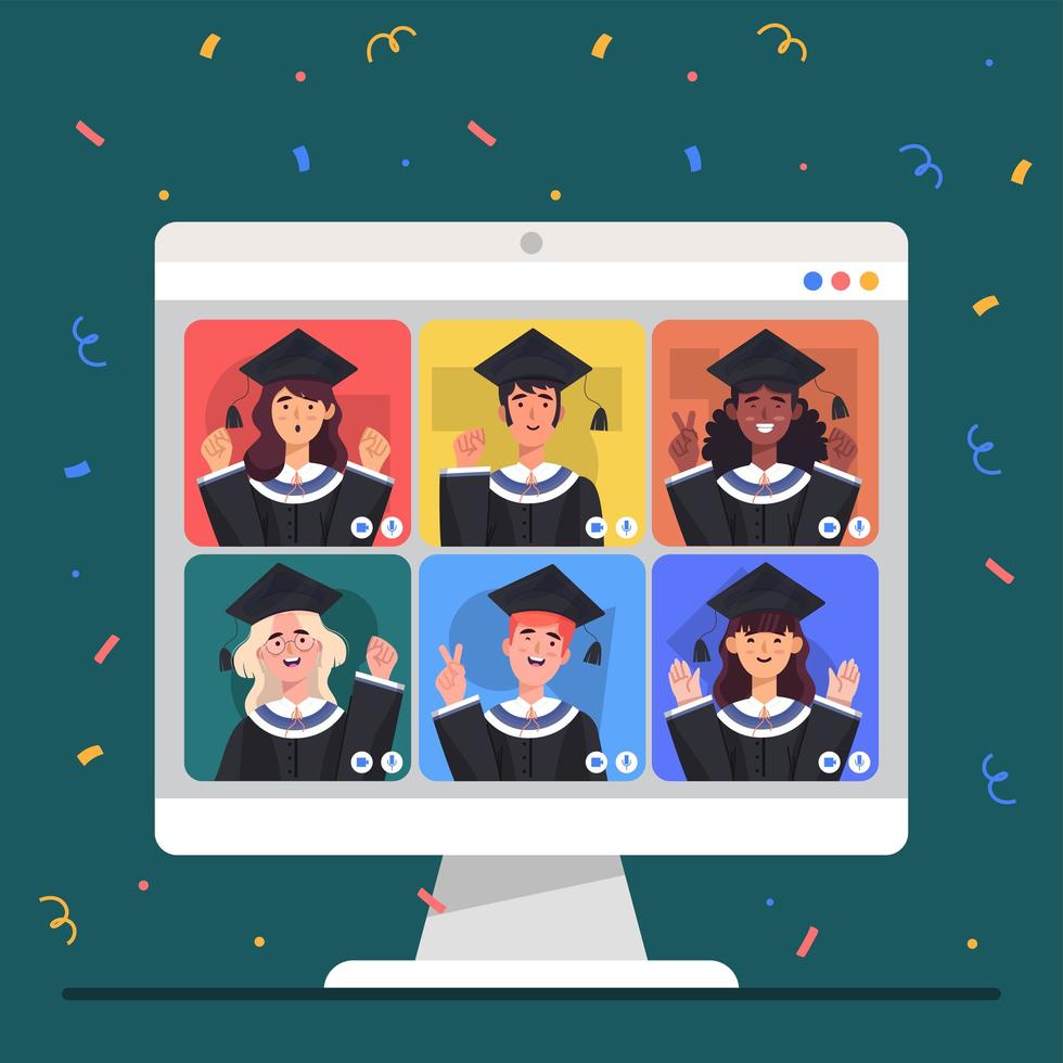 Colleagues Celebrate Their Graduation Day Online Concept vector