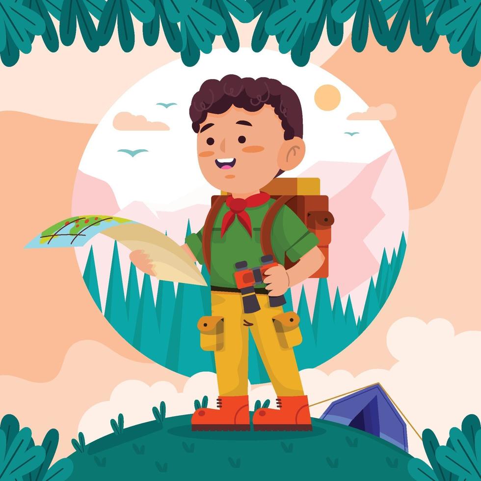 Boyscout Reading Map During Summer Camp Holiday Concept vector