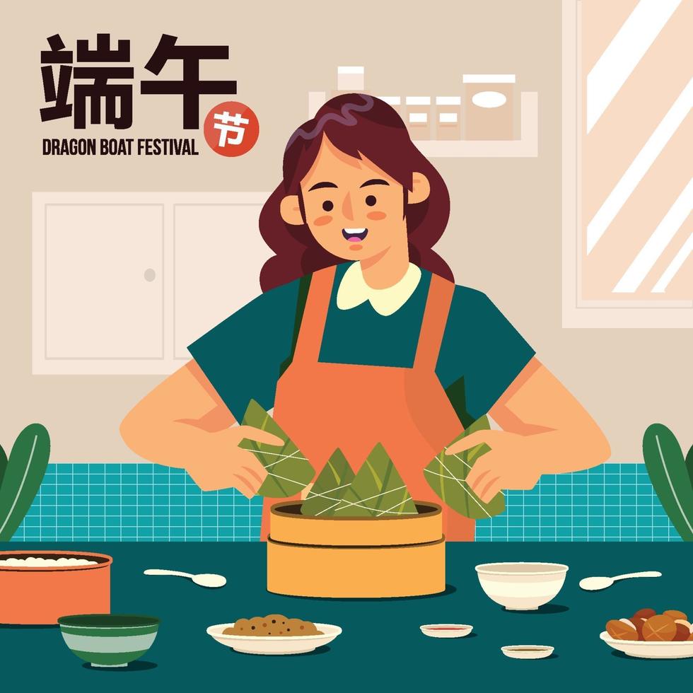 Mujer cocinar delicioso zongzi en el concepto del festival del barco del dragón vector