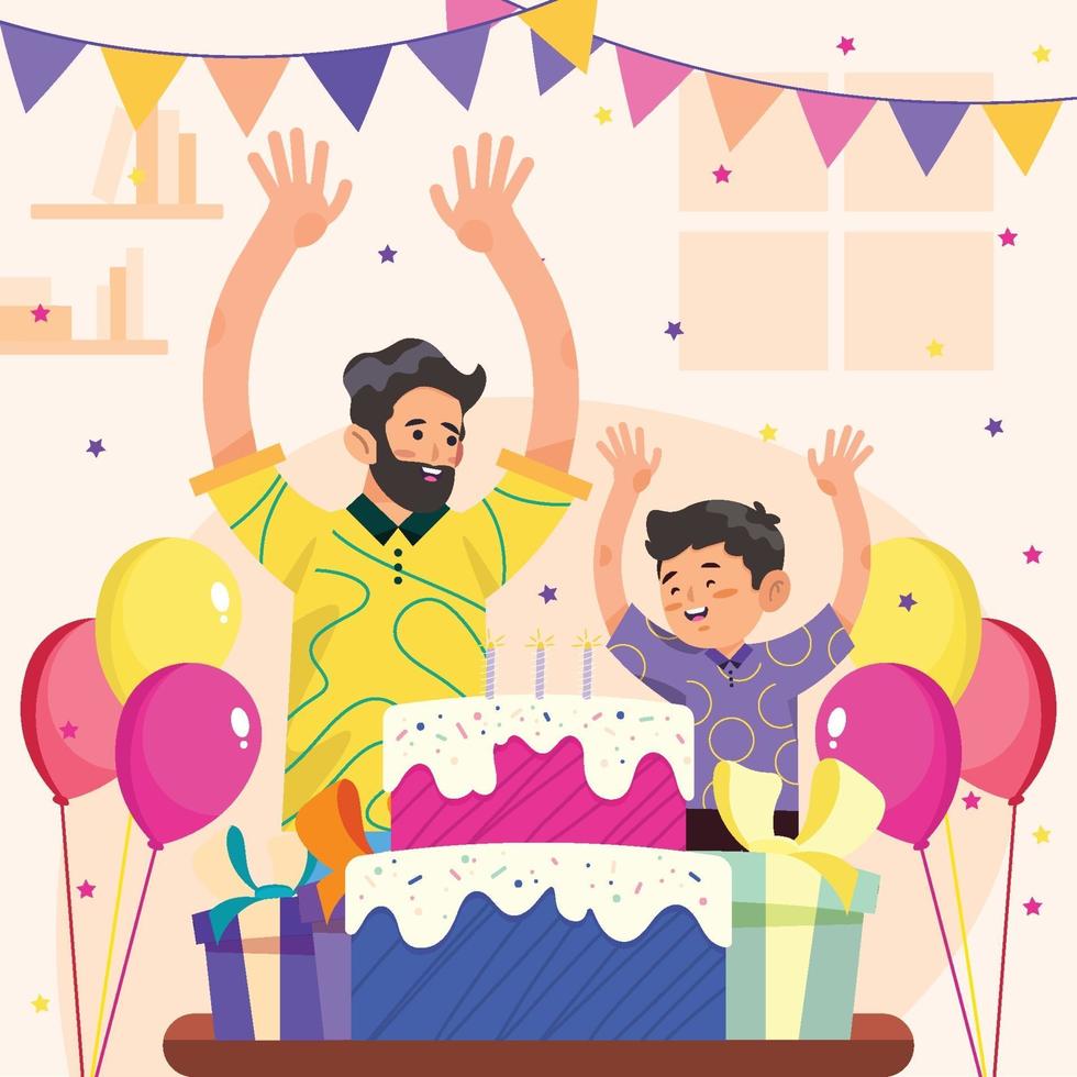 padre e hijo celebran la fiesta de cumpleaños en el concepto de casa vector