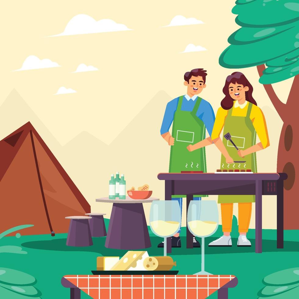 El hombre y la mujer asan la carne juntos durante el concepto de camping vector