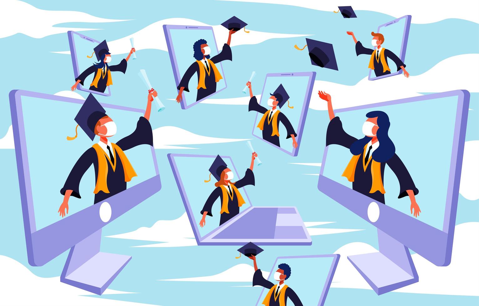 Online Celebrating Graduation Flat Illustration Design vector