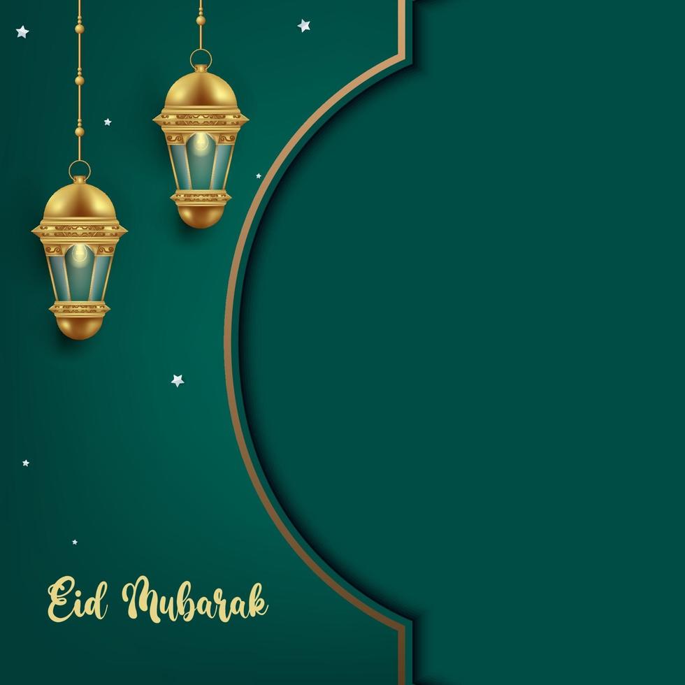 concepto de tarjeta de felicitación eid mubarak. Plantilla de cartel islámico con linterna realista. vector