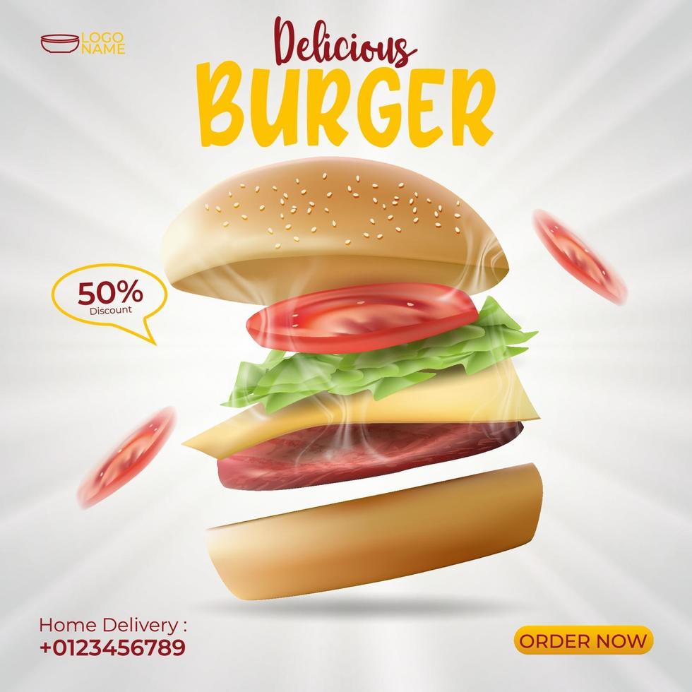 Plantilla de póster de anuncios de hamburguesa deliciosa, la mejor opción de restaurante o comida rápida. banner de hamburguesa para promoción. vector