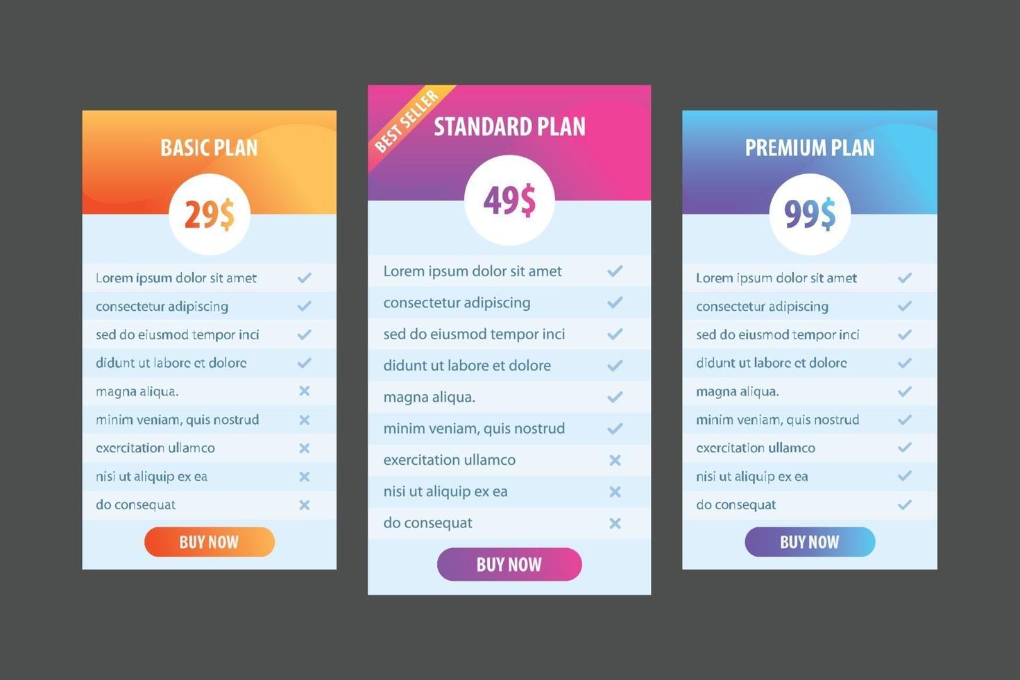 tabla de precios con planes básicos estándar y premium vector