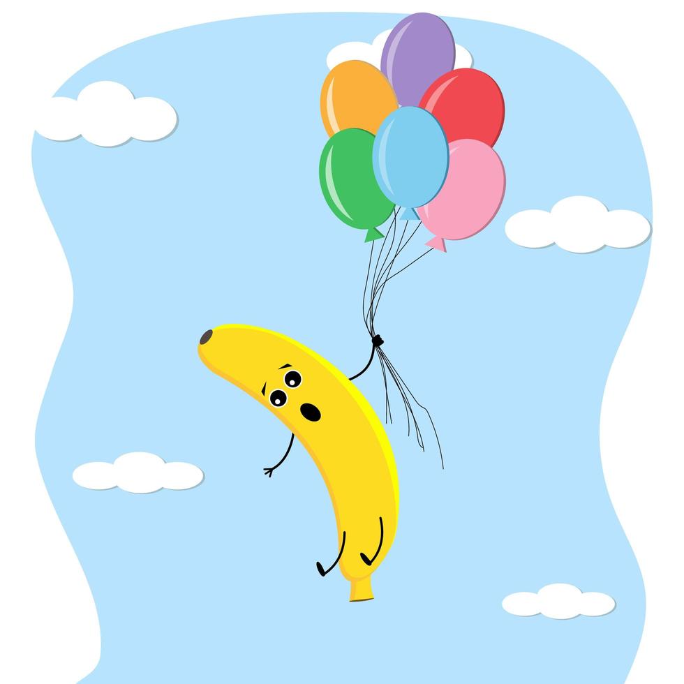 lindo personaje de plátano volando en globos de colores vector