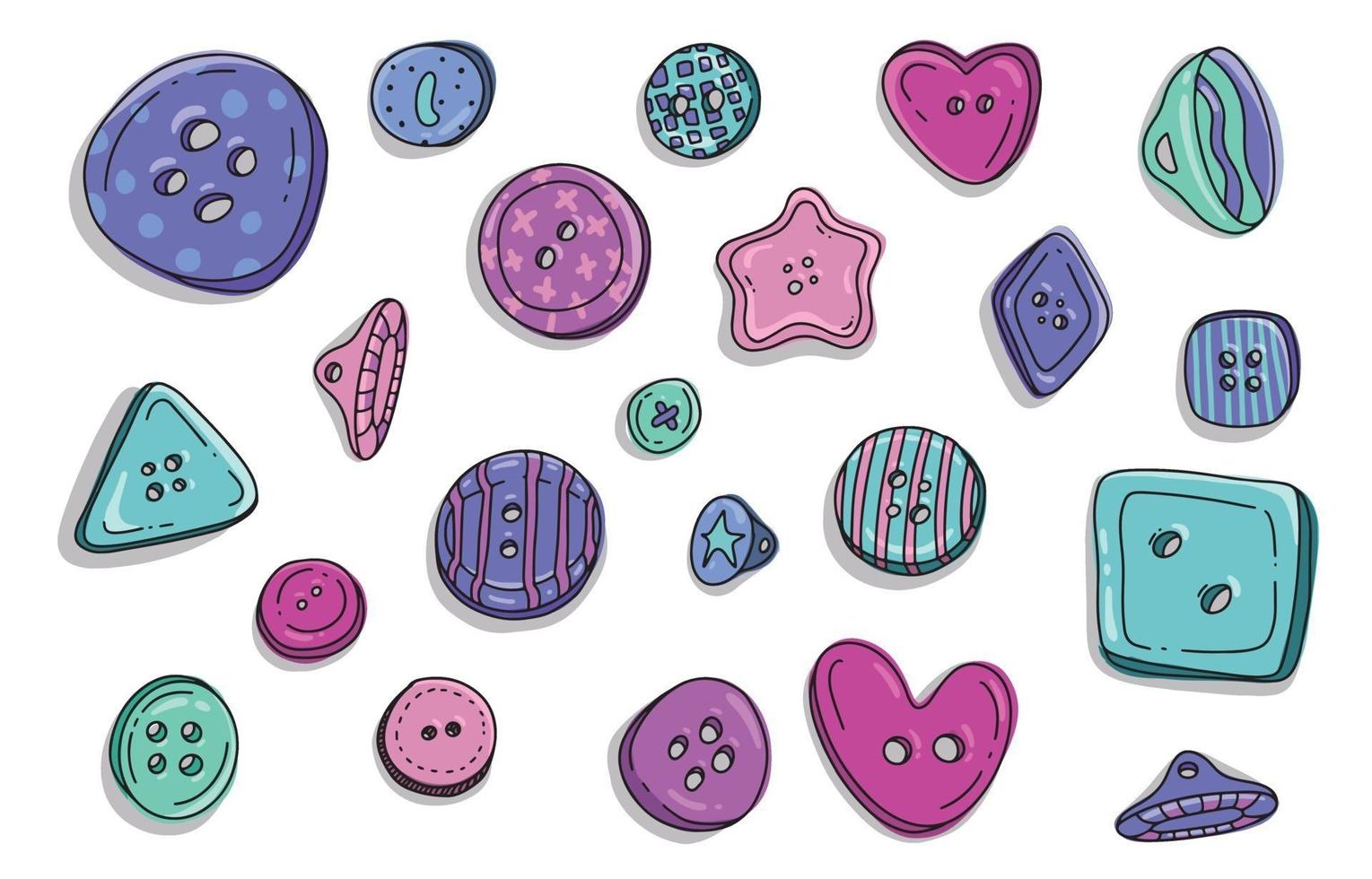 Button clothes doodle set. Collection of colorful kids plastic cloth round buttons in cartoon style. Fashion design clothing accessory tailor collection illustration. vector