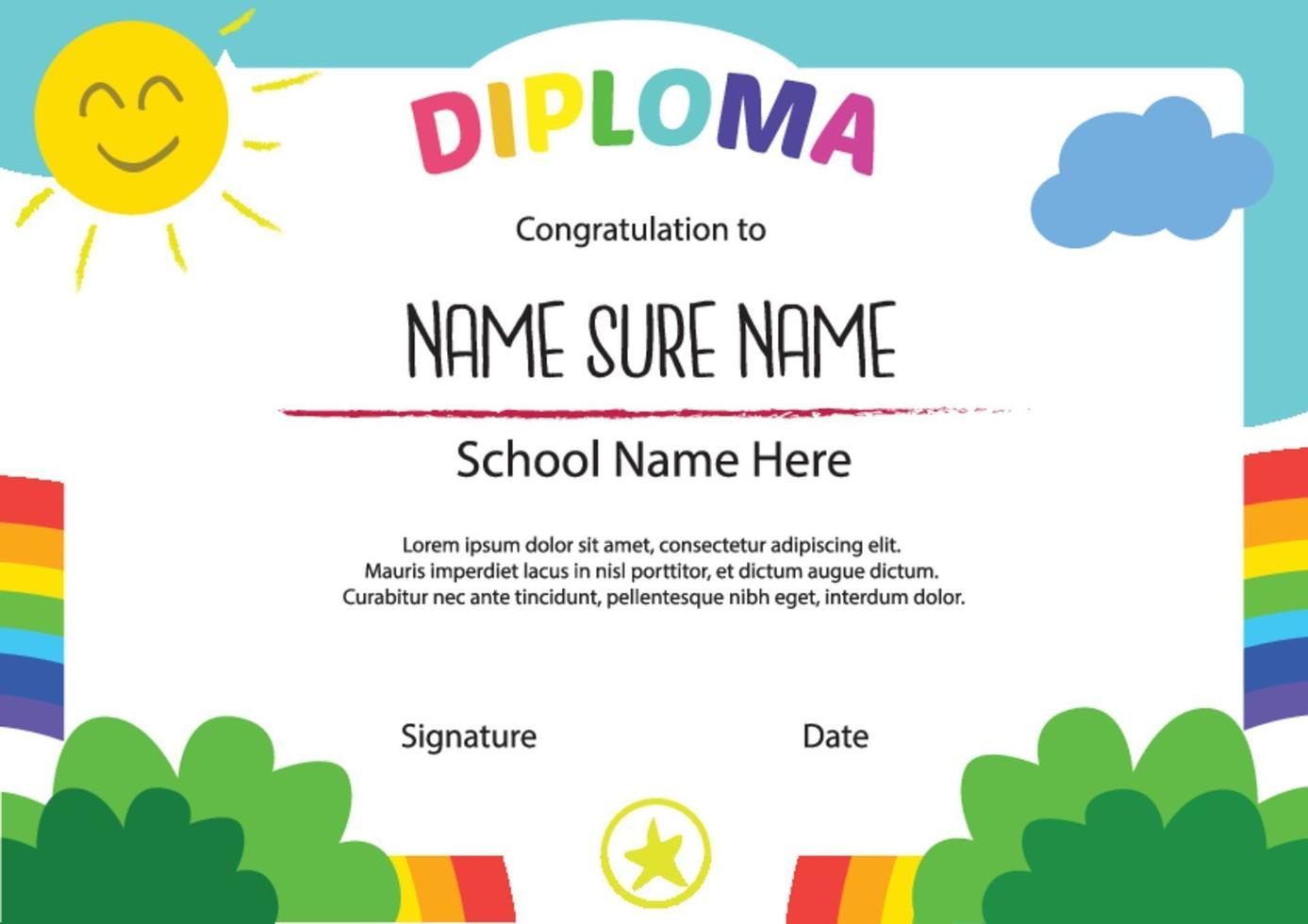 diploma certificado para niños arcoiris vector