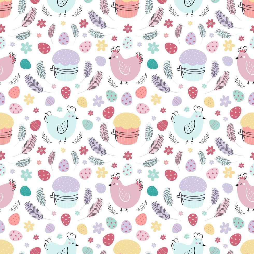 Easter seamless pattern. A pattern with chickens decorated with eggs, cakes, and feathers. Design for textiles, packaging, wrappers, web, printing. Vector flat illustration