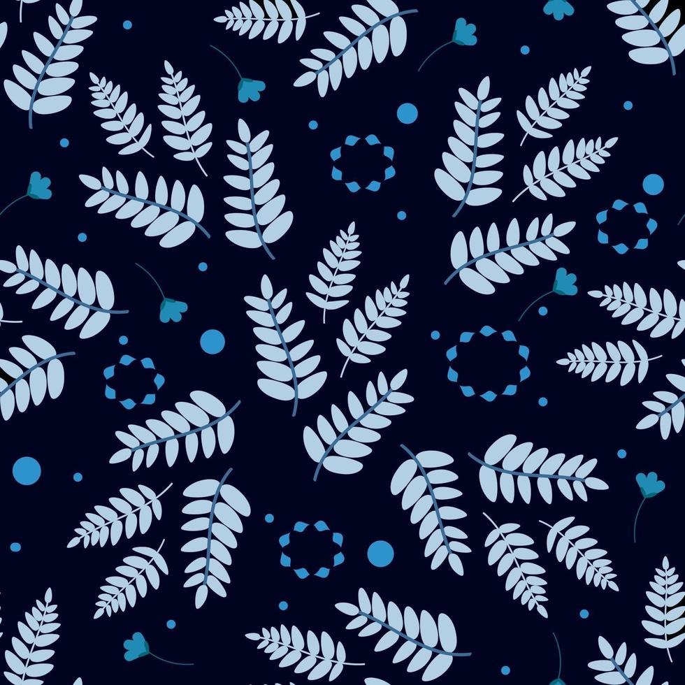 Scandinavian style. Pattern of leaves, branches, twigs in cold blue winter color. Hand drawn vector flat illustration