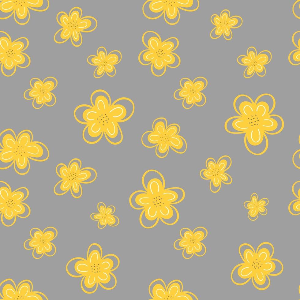 Yellow flowers of daisies on a gray background, seamless pattern. Vector illustration in the style of doodle. Botanical pattern.