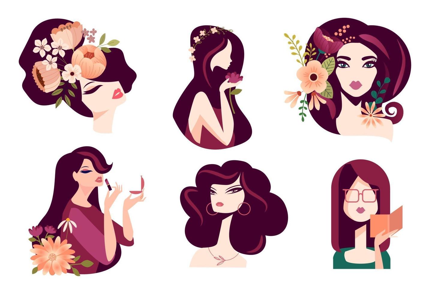 Set of woman illustration concepts for beauty, cosmetics, fashion. Flat design vector for graphic and web design, marketing material, social media, textile design.