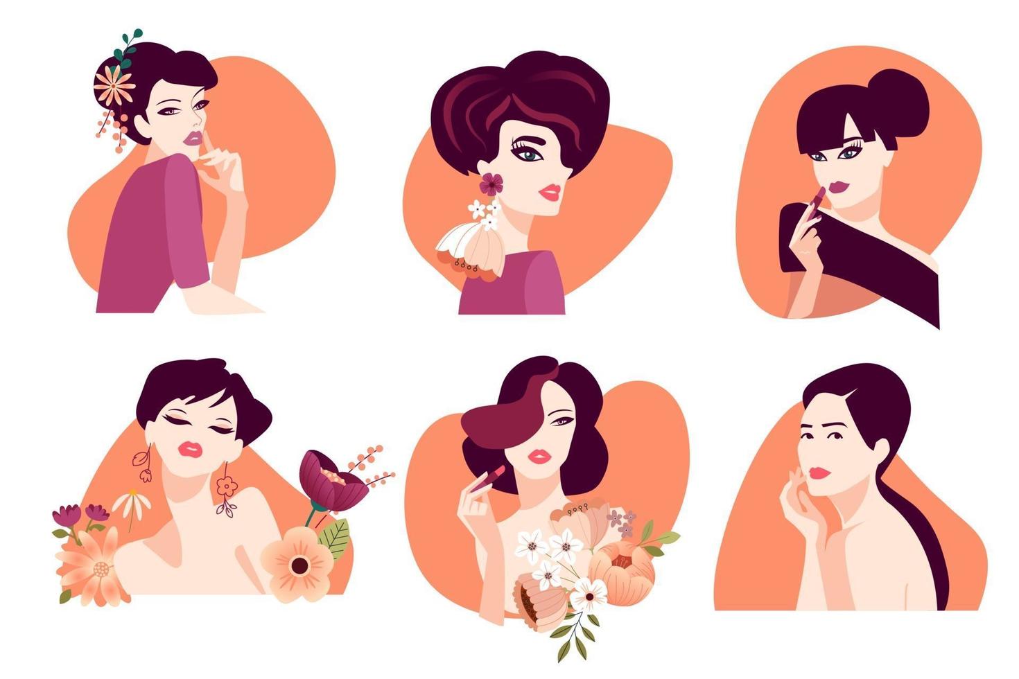 Set of woman illustration concepts for beauty, cosmetics, healthcare, fashion. Flat design vector for graphic and web design, marketing material, product presentation, social media, textile design.