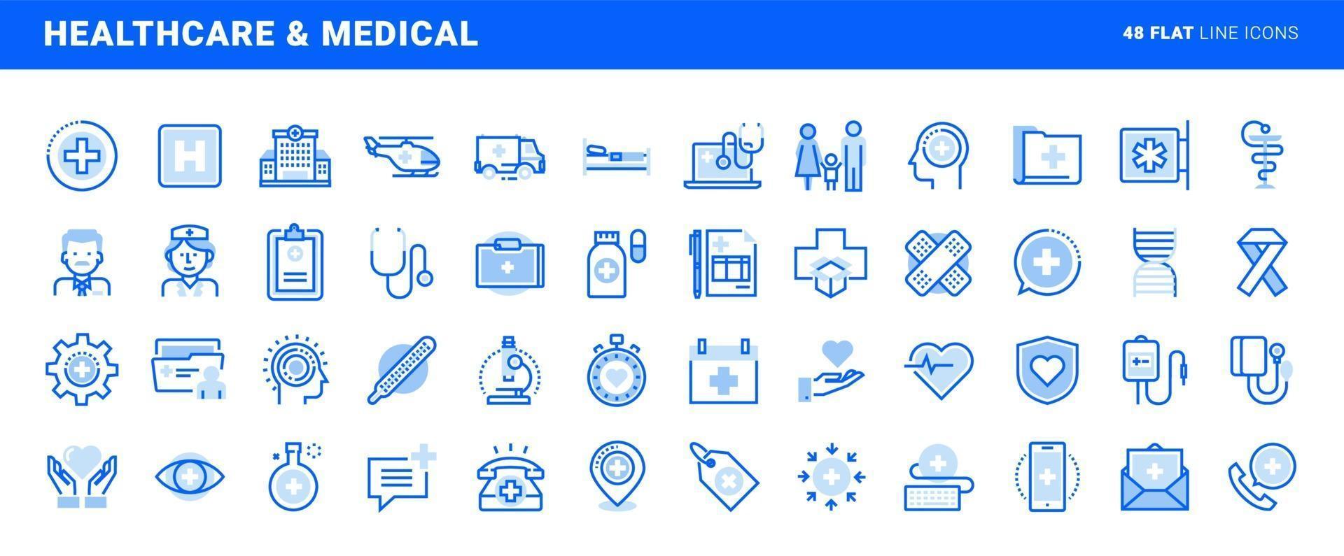Set of flat line icons of healthcare and medicine. Vector concepts for website and app design and development.