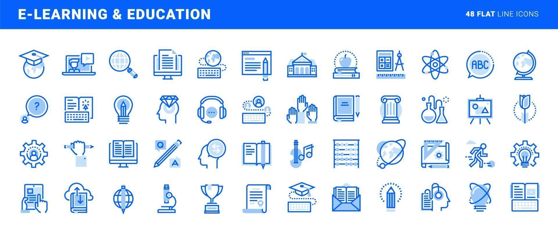 conjunto de iconos de líneas planas de e-learning y educación. conceptos vectoriales para el diseño y desarrollo de sitios web y aplicaciones. vector