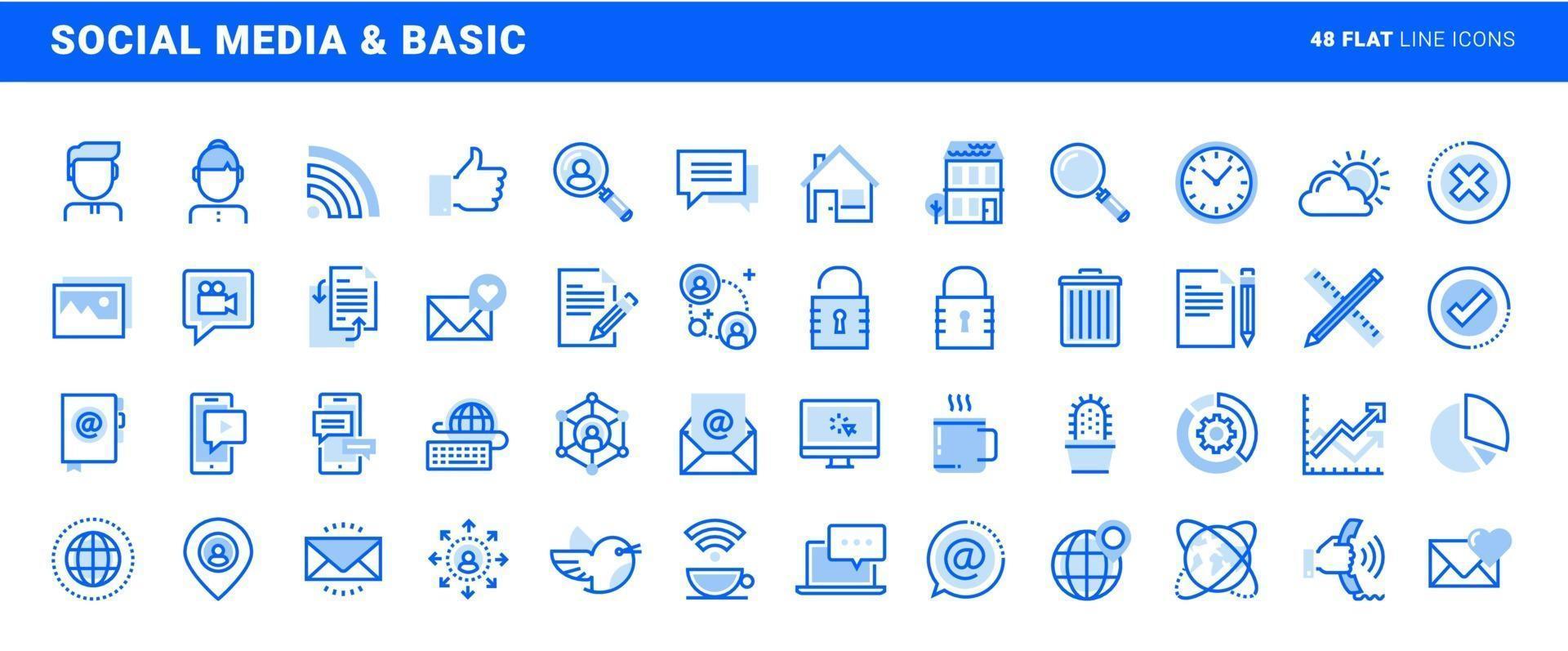 conjunto de iconos de línea plana de oficina básica y redes sociales. conceptos vectoriales para el diseño y desarrollo de sitios web y aplicaciones. vector