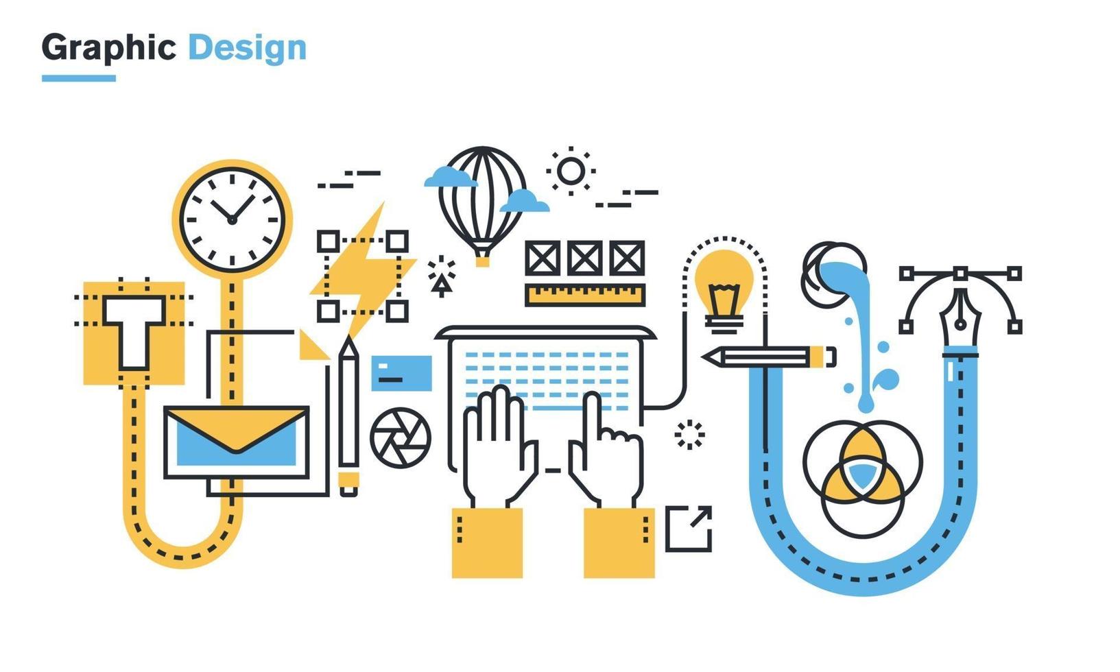 Ilustración de línea plana del proceso de diseño gráfico, flujo de trabajo creativo, diseño estacionario, diseño de logotipos, marca, diseño de envases, identidad corporativa. concepto de vector de diseño moderno para banners web y materiales impresos, aislado sobre fondo blanco.