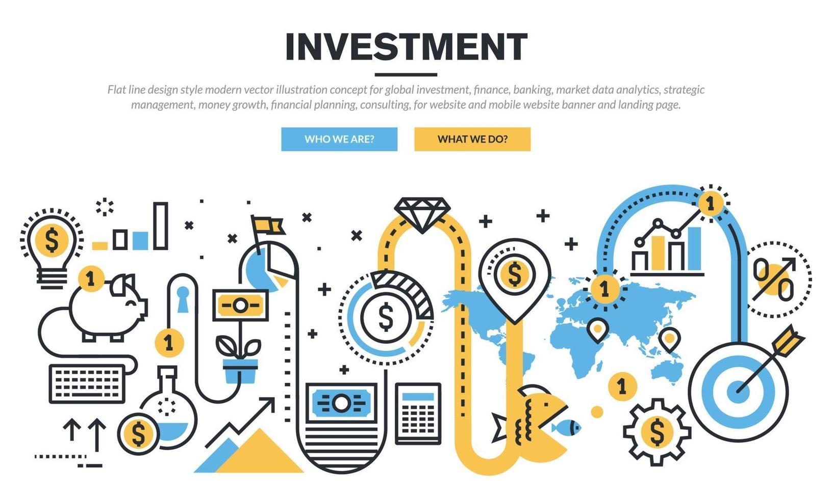 Flat line design style modern vector illustration concept for global investment, finance, banking, market data analytics, strategic management, money growth, financial planning, consulting, for website and mobile website banner and landing page.