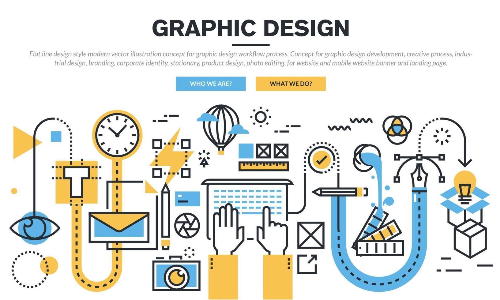 Flat line illustration of design process from defining the problem, through research, brainstorming and analysis to presentation of ideas, improving design and product development. Modern design vector concept for web banners and printed material.