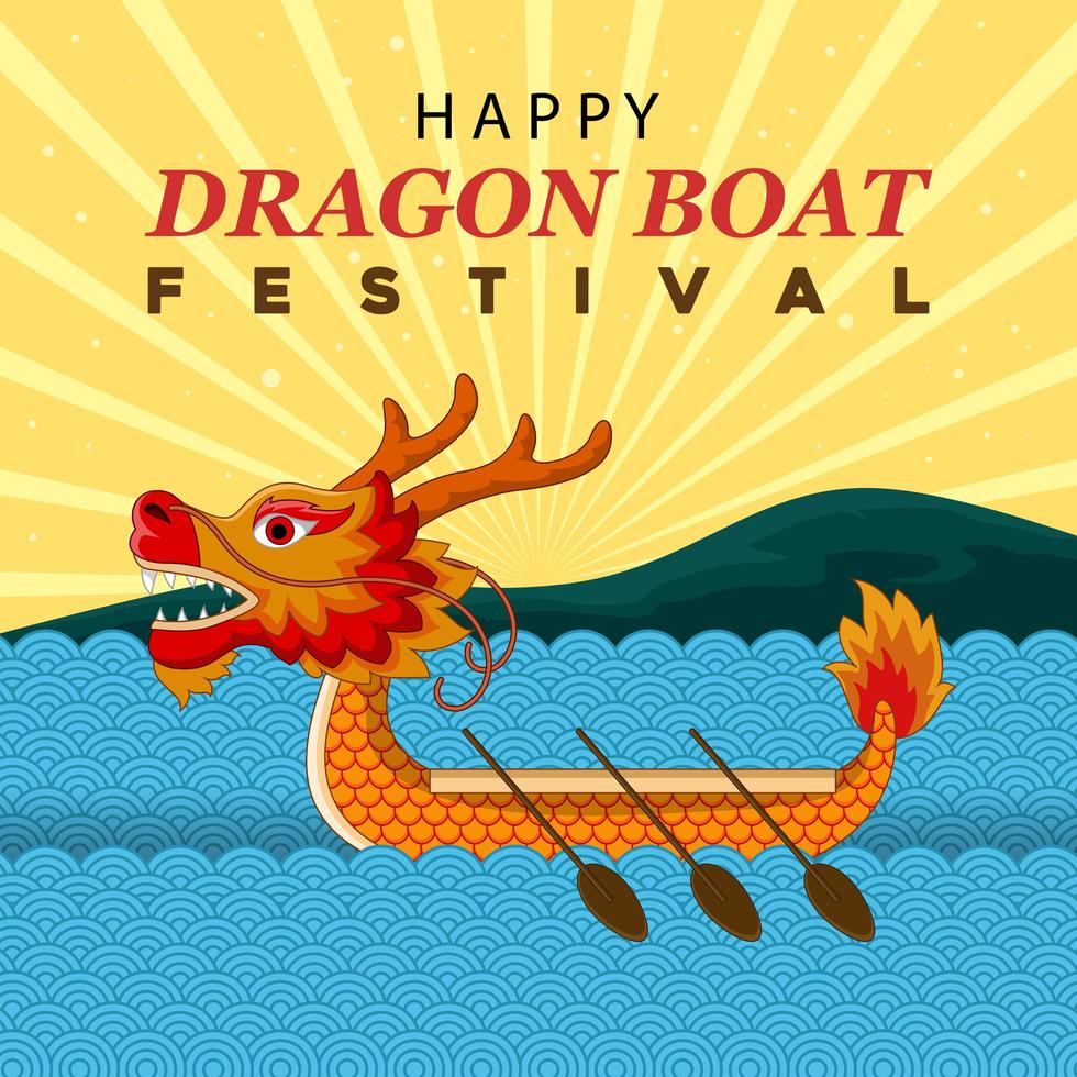 ilustración del festival del barco del dragón con fondo de montaña vector