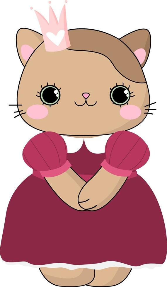 Doodle little brown cat princess kitty girl line Hand drawn vector illustration Cute baby pet