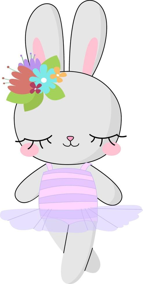 Doodle little gray rabbit princess girl ballerina with flowers line Hand drawn vector illustration Cute baby bunny pet