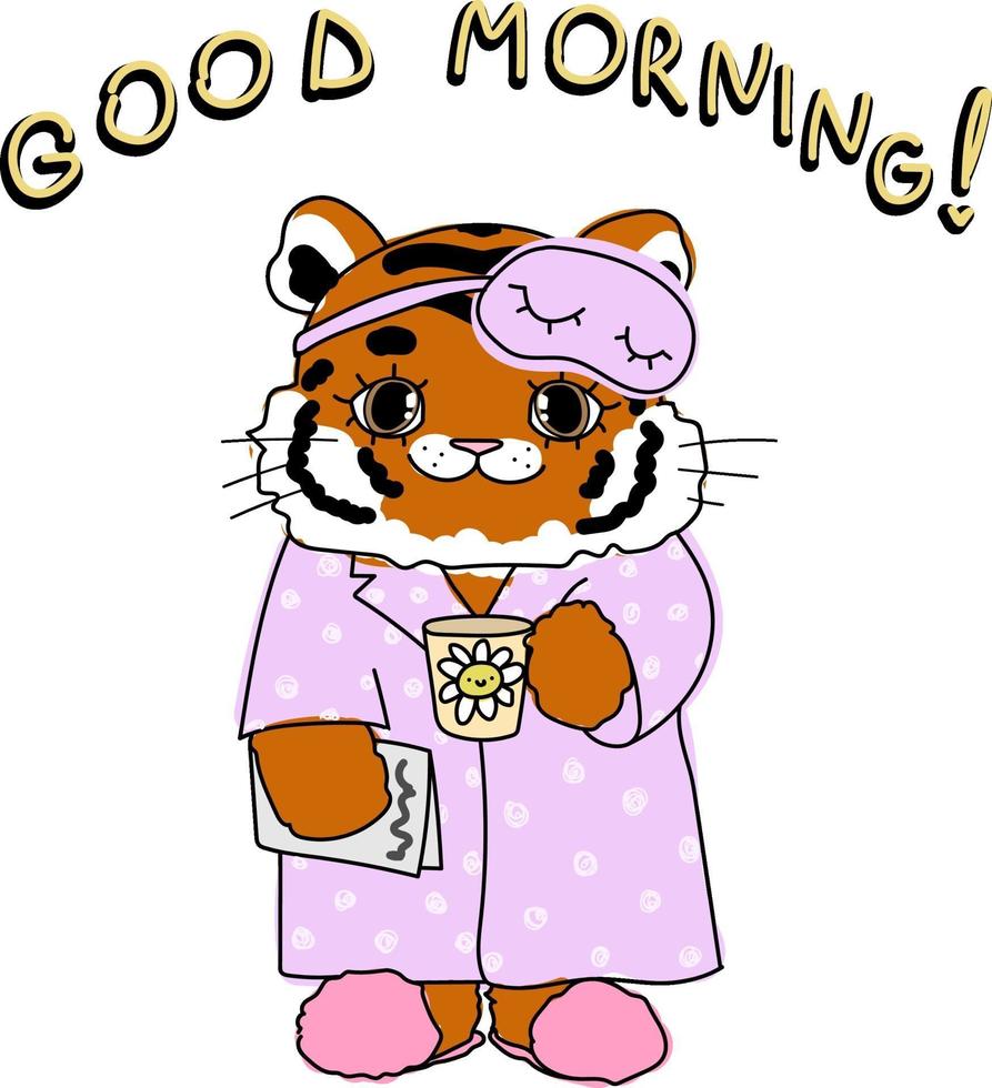 Cute doodle little tiger princess with tea coffee Baby animal kid ...