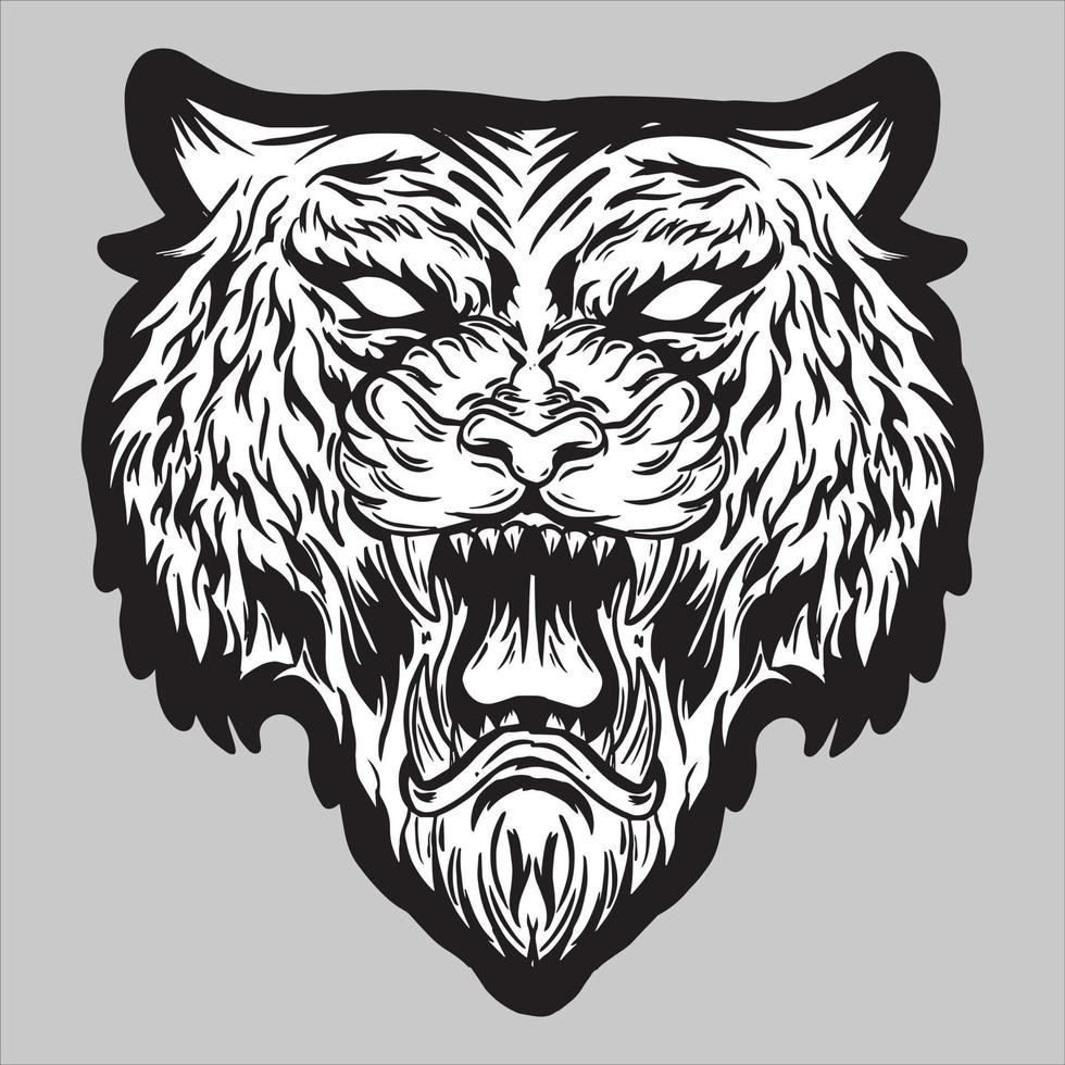 angry tiger head roaring vector illustration black white