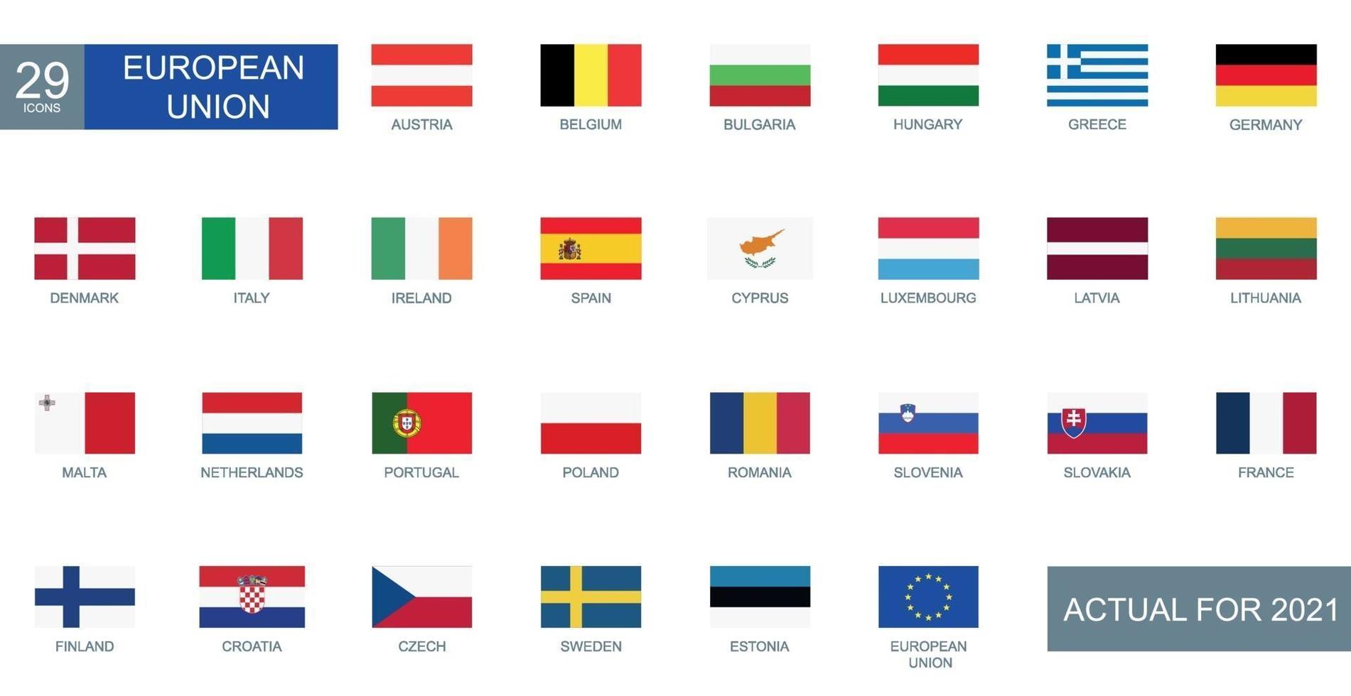 Set of all flags of European countries in rectangular shape with description - Vector