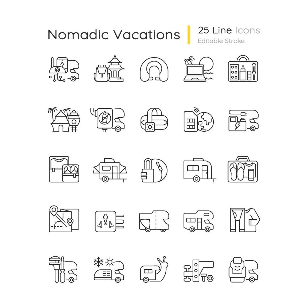 Nomadic vacations linear icons set vector