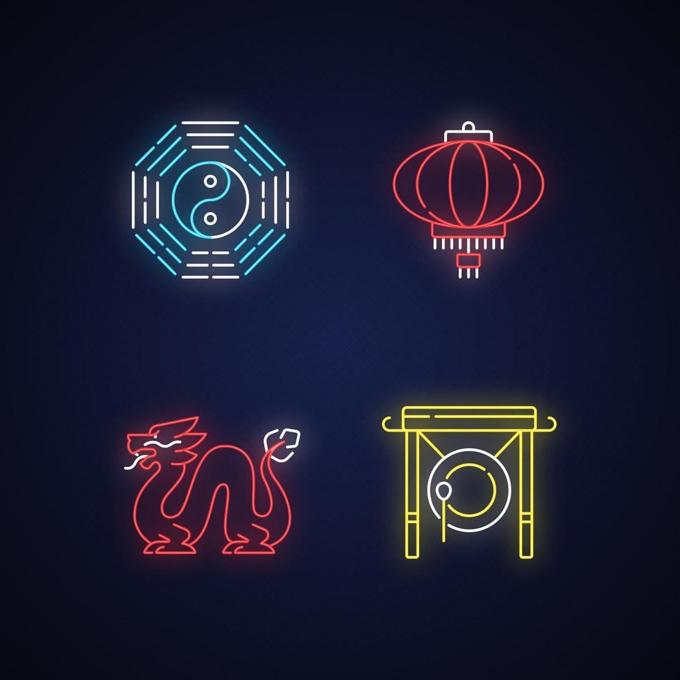 Lunar New Year attributes neon light icons set vector