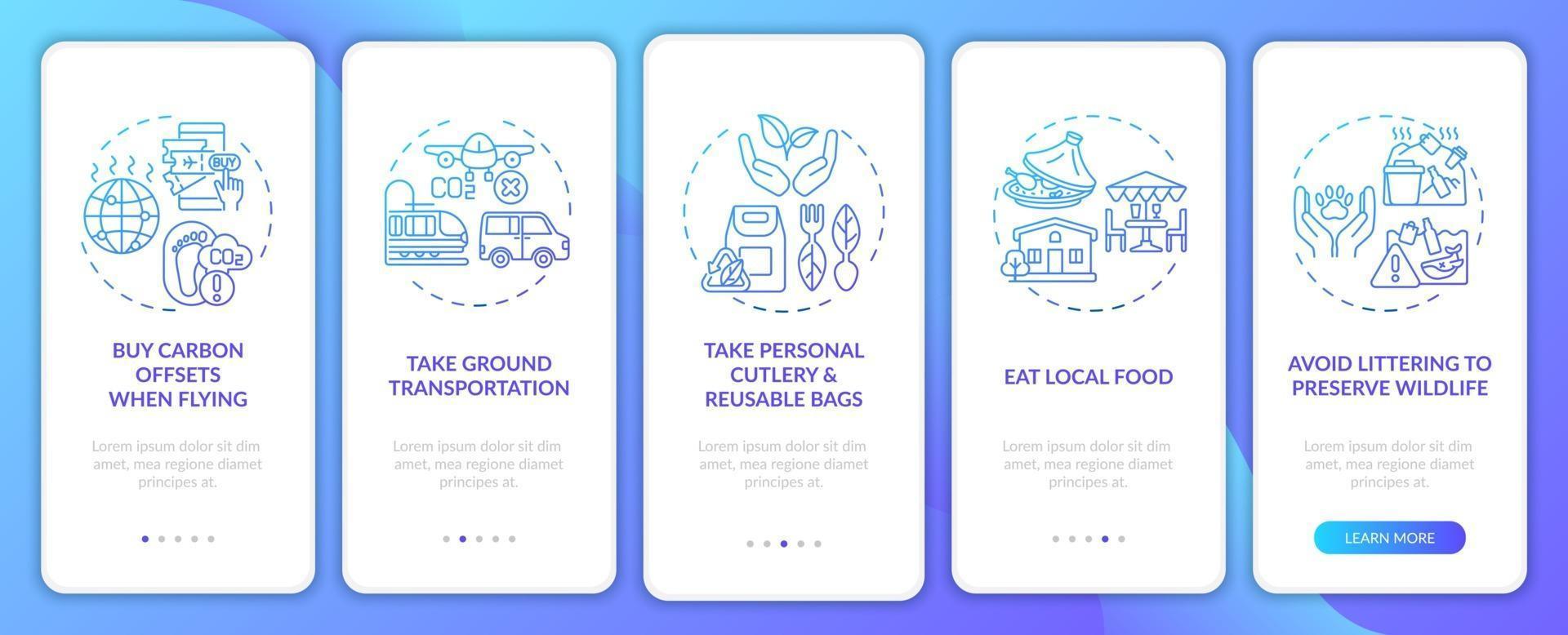 Sustainable tour tips onboarding mobile app page screen with concepts vector