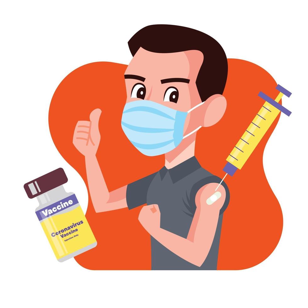 Male wearing surgical mask and showing thumb up after vaccinated vector