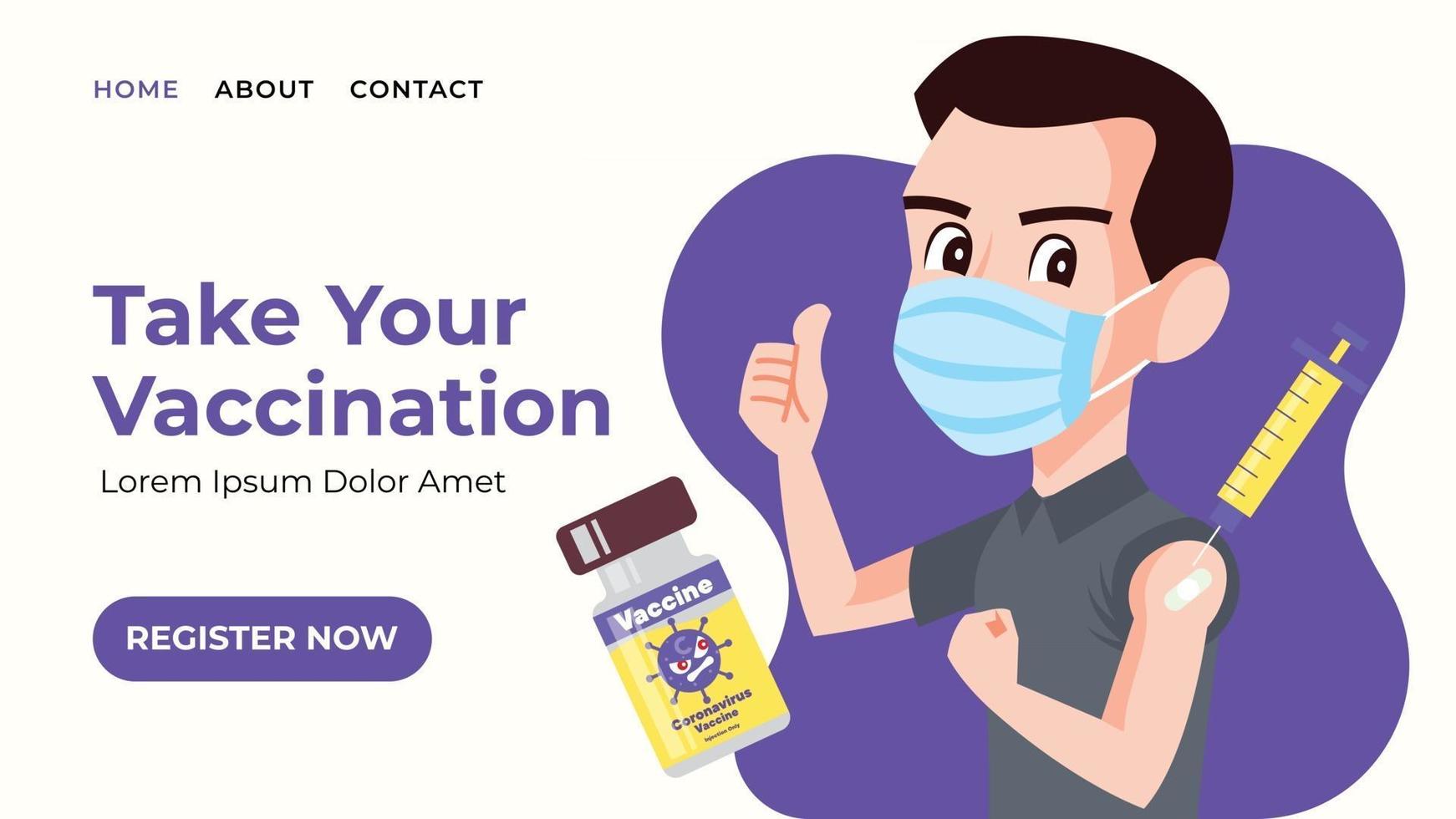 Male wearing surgical mask showing thumb up after vaccinated for web banner vector