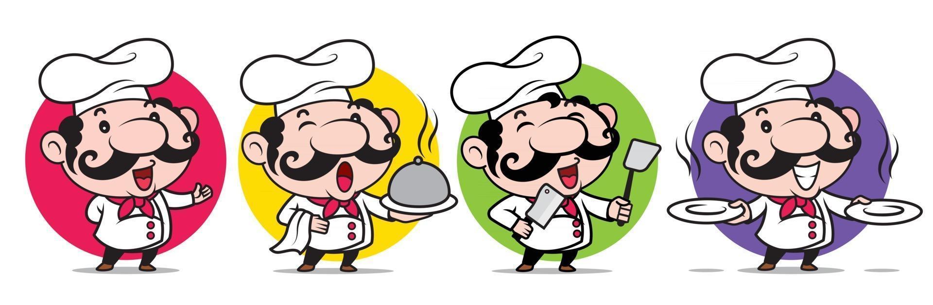 Sonriente chef italiano con gran bigote sosteniendo utensilios de cocina vector