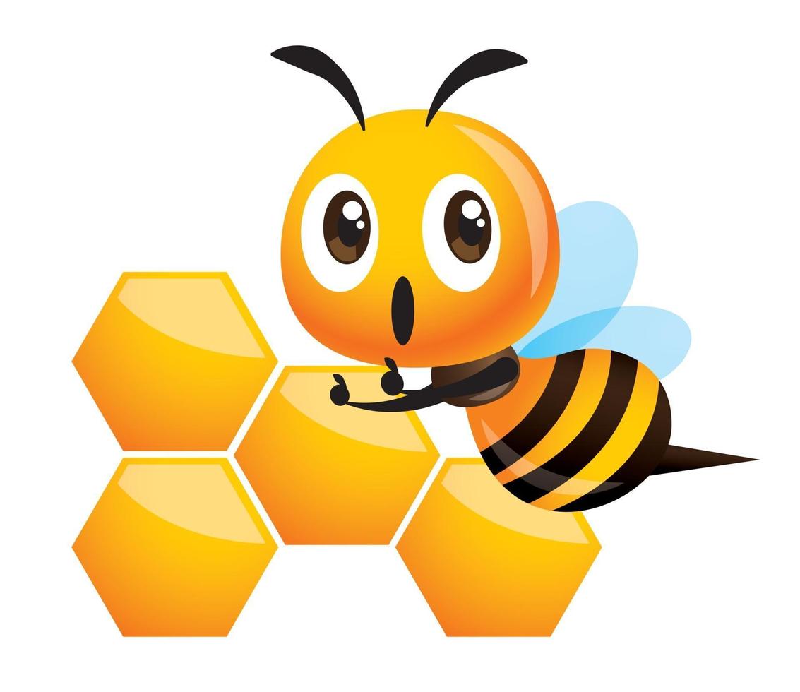 Cartoon cute bee showing thumb up with big honey comb pattern vector