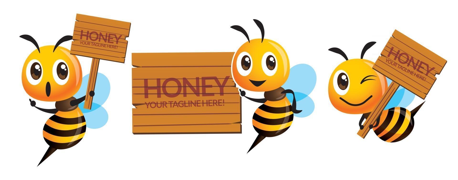 Cartoon cute bee series holding and pointing on  business name wooden signboards vector